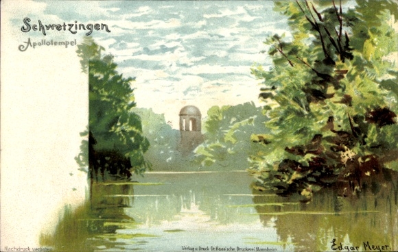 Postcard Schwetzingen in Baden, lake landscape, Apollo temple, clouds and water reflected