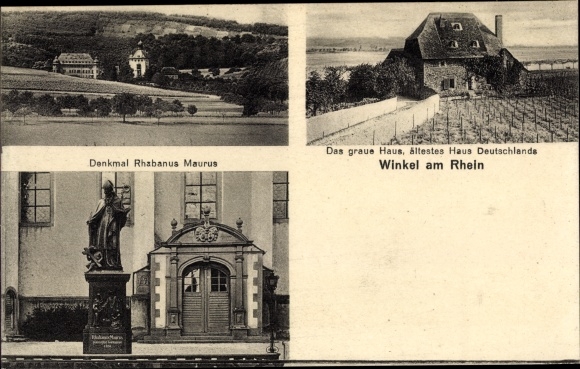 Ak Winkel am Rhein Rheingau, Denkmal Rhabanus Maurus, graues Haus