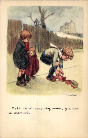Artist Postcard Poulbot, Francisque, Boys with toy train, Ligue Nationale contre le Taudis