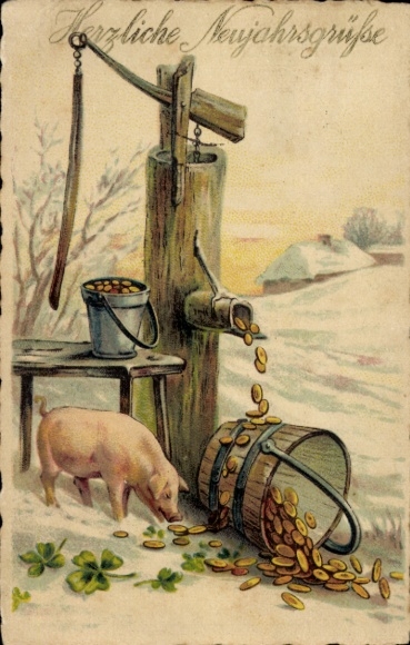 Postcard Happy New Year, Pig, Golden Coins, Lucky Clover, Fountain