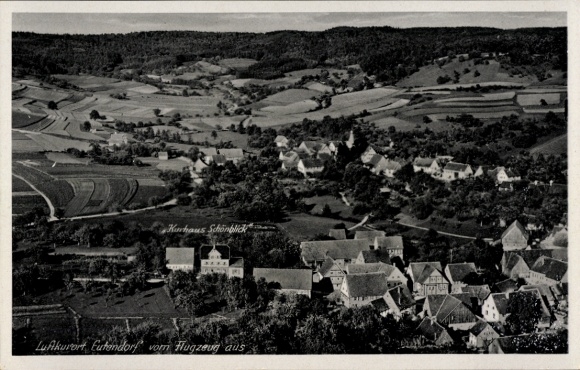 Ak Eutendorf Gaildorf am Kocher in Baden Württemberg, Fliegeraufnahme des Ortes, Kurhaus Schönblick