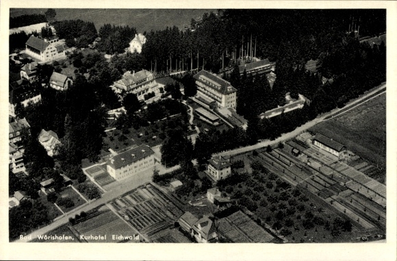 Postcard Bad Wörishofen in Unterallgäu, aerial view of the spa hotel Eichwald, gardens, forest