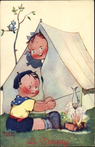 Artists Postcard Mallet, Beatrice, Le Camping, Children Camping, Campfire, Fried Fish