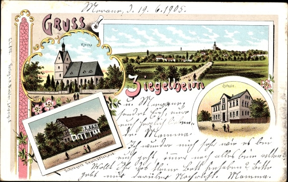 litho Ziegelheim in Thüringen, Schreyer's bedrijfsgebouw, school, kerk, panorama van de stad