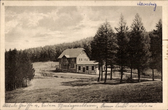 Postcard Meura in the Thuringian Forest, house in the forest, surrounded by many trees