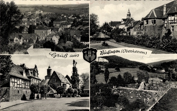 Postcard Büdingen in Hesse, partial views, church, swimming pool