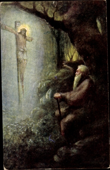 Artist Postcard HR Seeland, The Pilgrim, Devotion before a Crucifix