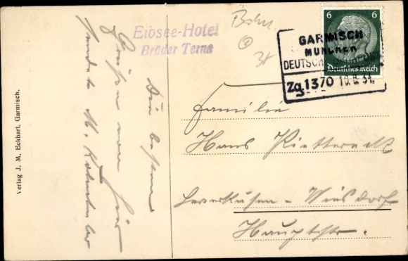 Postcard railway postmark Garmisch-Munich train 1370