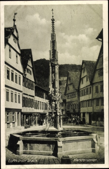 Postcard Bad Urach in the Swabian Alb, market fountain