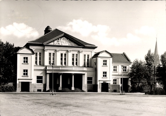 Postcard Viersen in North Rhine Westphalia, festival hall, impressive architecture, trees, clouds, square