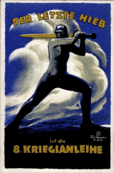 Artist Postcard Last blow is the 8th war bond, man with sword