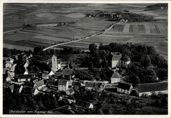 Ak Oberstadion in Oberschwaben, Luftaufnahme von  landschaftliche Ansicht, Gebäude, Felder