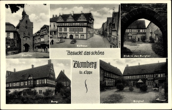 Ak Blomberg Nordrhein Westfalen, Stadttor, Rathaus, Burg, Burghof, Torbogen