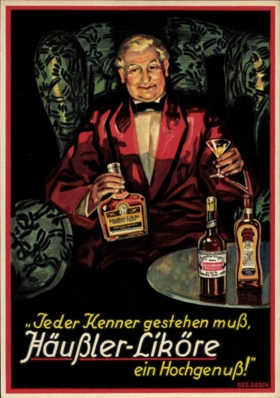 Postcard Häußler Liqueurs, Man in Armchair, Liqueur Factory, Curacao, Brandy