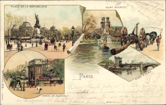 Chromo-Litho Paris X., Pont d&#39;Jena, Porte St. Martin, Saint Sulpice, Place de la Republique
