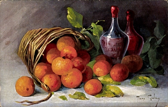 Artist Postcard Golay, Mary, still life, wine bottles, tangerines