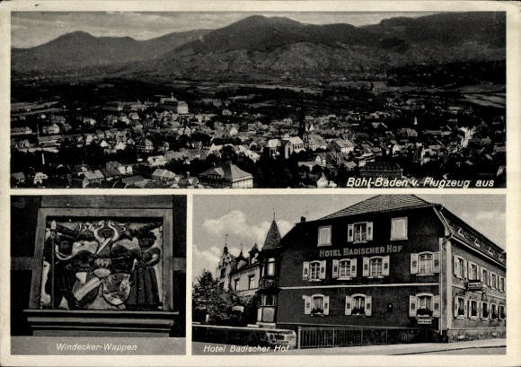 Postcard Bühl in Baden Schwarzwald, aerial photograph, Hotel Badischer Hof