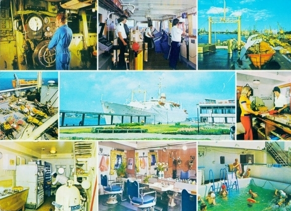 Giant Postcard ship MS Friendship of Nations, swimming pool, engine room, kitchen, hairdresser