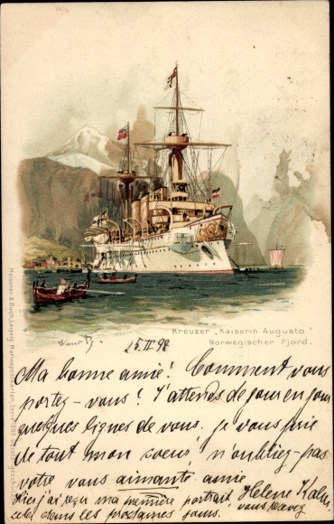 Künstler Litho Bohrdt, Hans, Deutsches Kriegsschiff, Kreuzer Kaiserin Augusta, Norwegischer Fjord