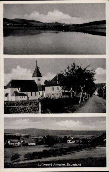 Postcard Amecke Sundern in the Sauerland, church, lake, general view