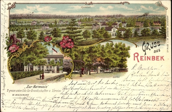 Chromo-Litho Reinbek in Schleswig Holstein, Inn Zur Harmonie, view of the town