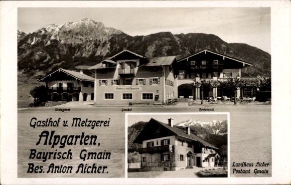 Postcard Bayerisch Gmain Upper Bavaria, Inn Butcher Alpgarten, Post Office, Landhaus Aicher