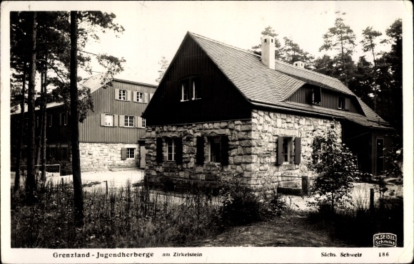 Postcard Schöna Reinhardtsdorf in Saxony, Zirkelstein, borderland youth hostel