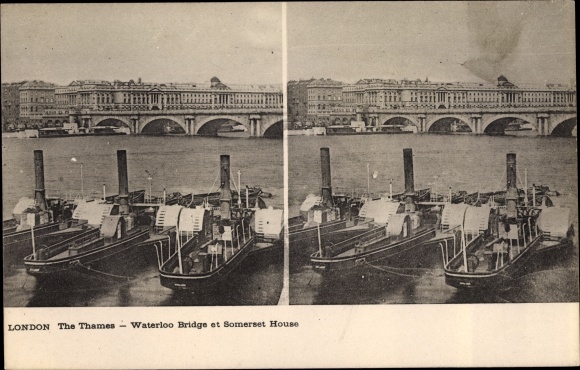 Stereo Postcard London City England, The Thames, Waterloo Bridge, Somerset House