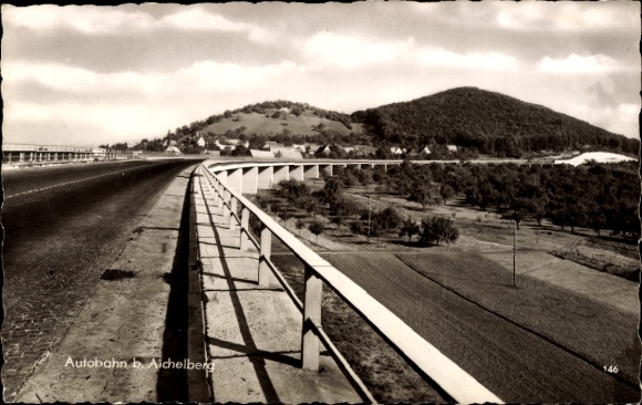 Postcard Aichelberg on the Swabian Alb, motorway bridge, landscape, hilly surroundings, black and white