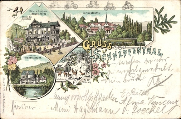 Chromo-Litho Schnepfenthal Rödichen Waltershausen, Hotel duke Alfred, Schloss Reinhardsbrunn