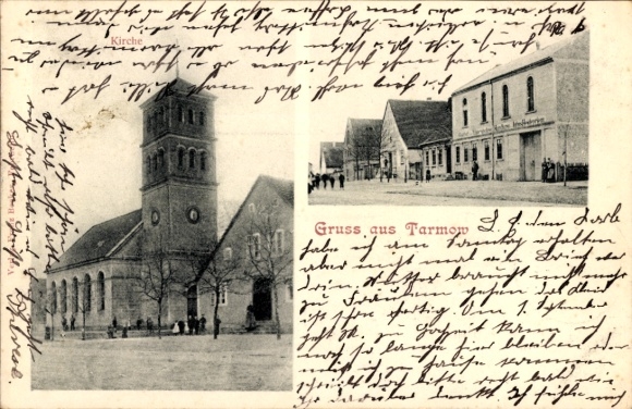 Postcard Tarmow Fehrbellin in Brandenburg, church, inn
