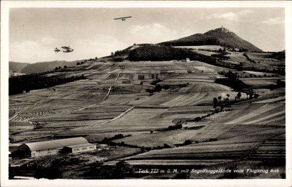 Postcard Owen unter Teck, Teck Castle, gliding field, aerial photograph