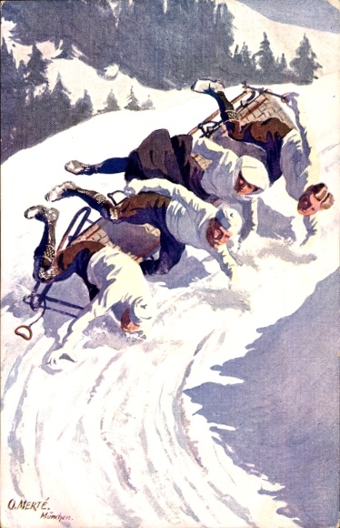 Artist Postcard Merté, Oskar, sleigh ride, sleigh, accident, winter