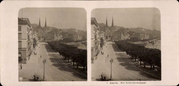 Stereo photo Lucerne city Switzerland, Schweizerhofquai