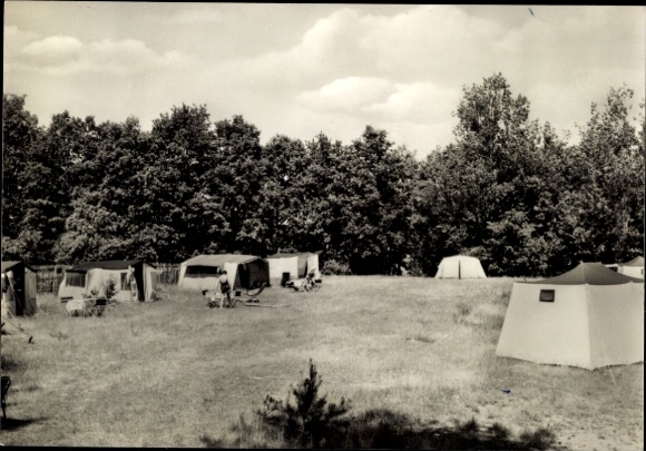 Postcard Bantikow Kyritz in the Prignitz, campsite, camping, green trees, sunny skies, people...