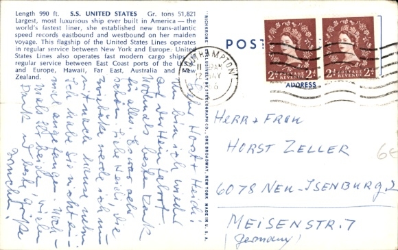 Postcard passenger steamer SS United States, United States Lines, USL