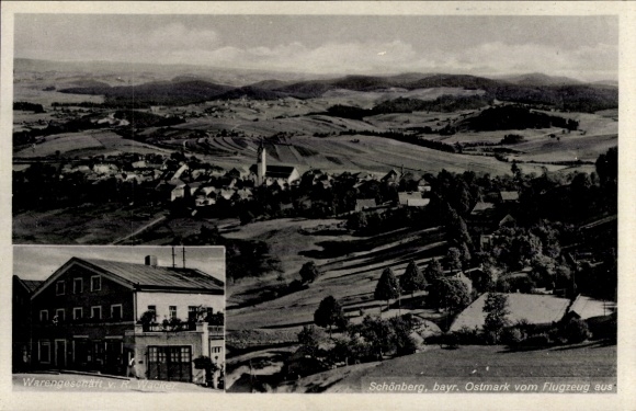 Postcard Schönberg in the Bavarian Forest, aerial photograph, Wacker store