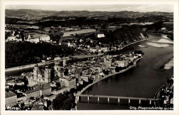 Postcard Passau in Lower Bavaria, panorama, aerial photograph