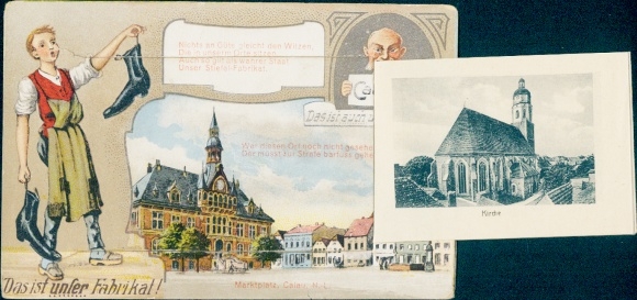 Leporello Ansichtkaart Calau in Neder-Lausitz, Calauer, marktplein, schoenmaker met laarzen