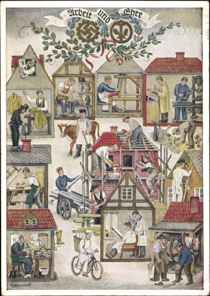 Artist PC Reichs Handwerkertag 1936, work and honor, hairdresser, baker, potter, chimney sweep