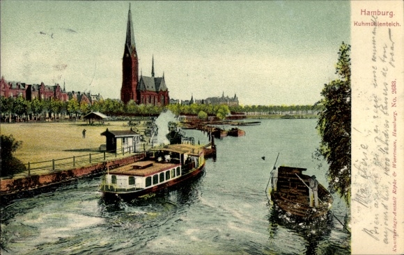 PC Hamburg Altona Neumühlen Oevelgönne, Kuhmolenteich, church in the background, boats on the wa...