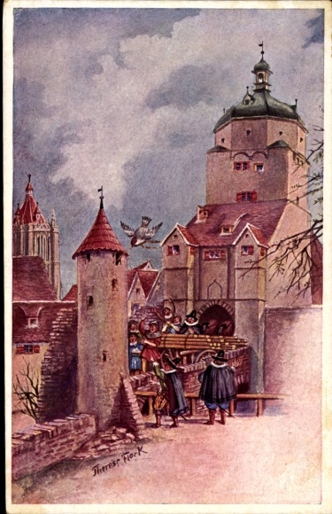 Artist Postcard Fleck, Therese, Ulm on the Danube Baden Württemberg, The Ulmer Spatz, Horse Cart
