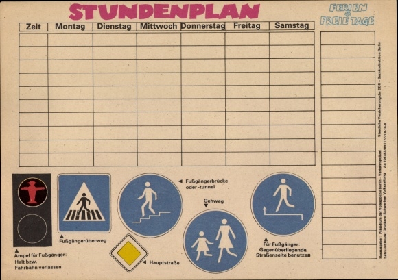Timetable GDR Presidium of the People&#39;s Police Berlin, traffic education, street signs around 1970