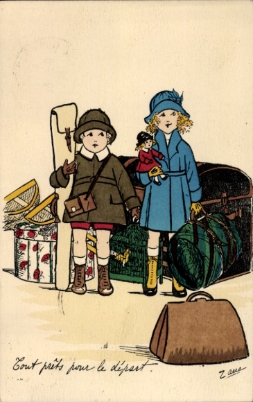 Artist Postcard Two Children, Travelers, Luggage, Bag