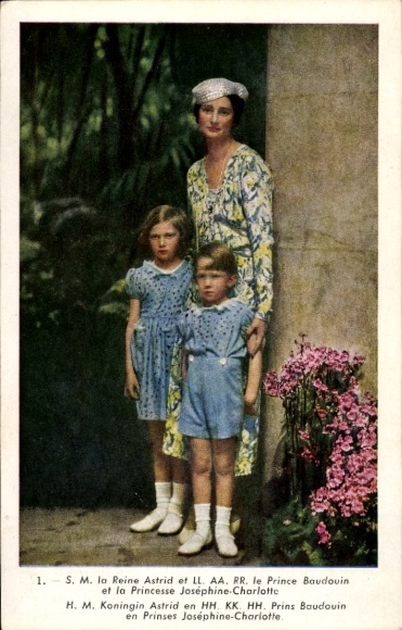 Postcard Belgium, SM la Reine Astrid, Prince Baudouin, Princesse Josephine Charlotte