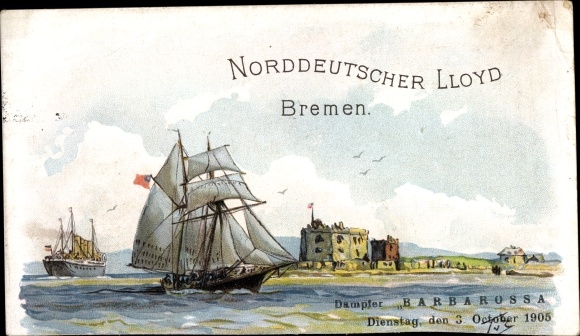Kunstenaarskaart van hoekbrekers, Themistokles, stoomboot Barbarossa, Norddeutscher Lloyd Bremen, 1905