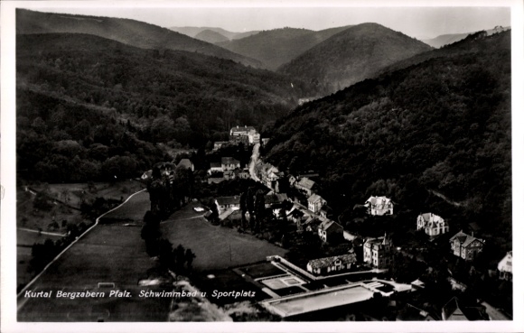 Postcard Bad Bergzabern on the Palatinate Wine Route, swimming pool, sports field, aerial photography