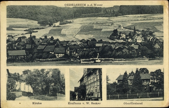 KP Oedelsheim Oberweser Hessen, widok ogólny, kościół, dom towarowy v. W. Becker, szef leśnictwa
