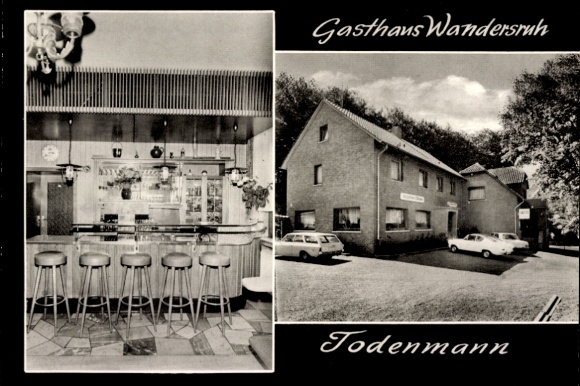 Postcard Todenmann Rinteln in Lower Saxony, Gasthaus Wandersruh, bar area, building view