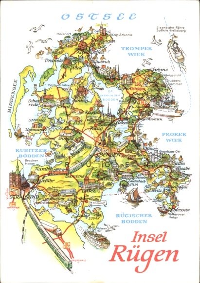 Landkarten Riesen Ak Insel Rügen, Rügischer Bodden, Tromper Wiek, Prorer Wiek, Sassnitz
